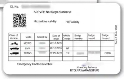 Odisha Driving Licence (DL) PVC card back side